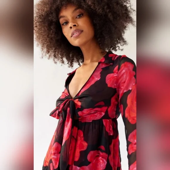 Urban Outfitter Kiki Tie-Front Roses Mini Dress Long Bell Sleeve Cutout Coquette - Picture 4 of 14